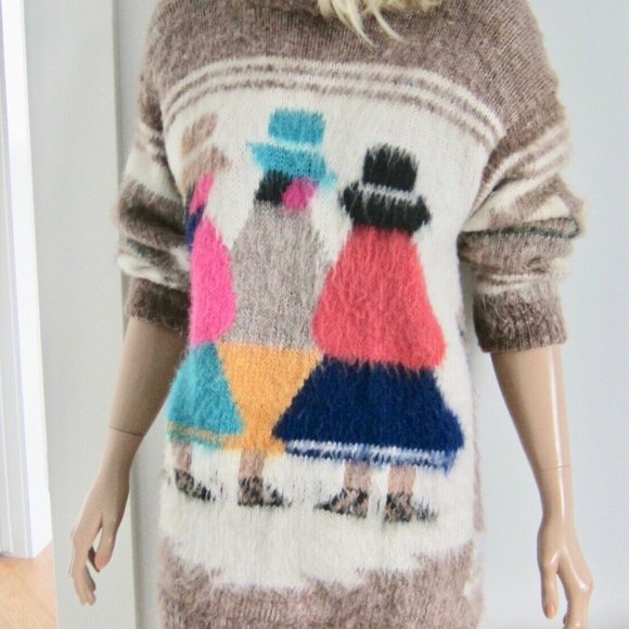 Vintage 80s figurines colourful hand knit aztec folk alpaca sweater GUC - Picture 8 of 14